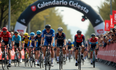 Grupo de ciclistas profesionales bajo arco de salida en carrera importante