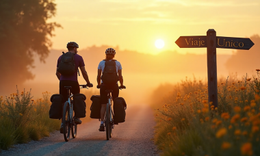 Two cyclists start a scenic bike tour at sunrise, trail sign reads 'Viaje único'