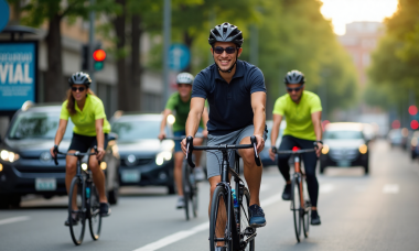 Cyclists wearing helmets and reflective gear on city street bike lane