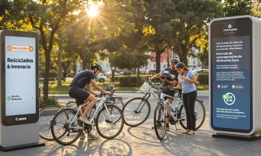 Cyclists prepping bikes with eco-friendly tires in Spanish city