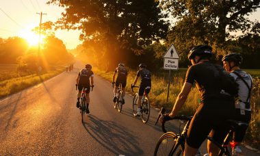 Cyclists preparing at sunrise with 'Plan Ciclista' text on sign