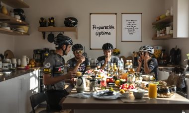 Cyclists sharing a pre-race breakfast, preparing together in sunlight