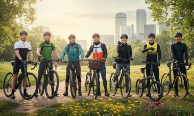 Siete ciclistas con distintos tipos de bicicletas