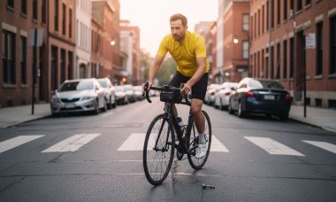 Cyclist riding on city road at sunrise