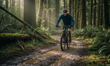 Ciclista de montaña en sendero boscoso