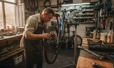 Mecánico revisando bicicleta en taller auténtico