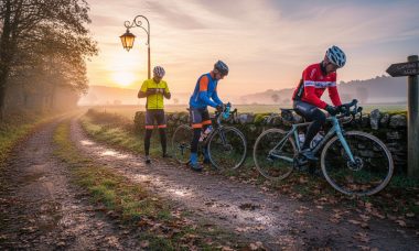 A primera hora de la mañana, tres ciclistas ponen a punto sus bicicletas antes de salir a rodar.