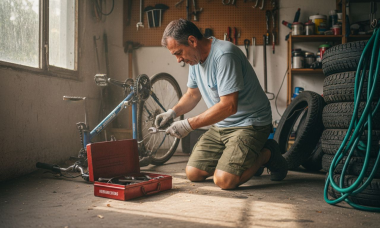 Un hombre arregla la cadena de su bicicleta en el garaje de su casa.