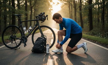 Un ciclista se prepara para la jornada ajustándose las zapatillas antes de que salga el sol.