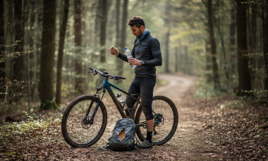 Ciclista de montaña recargando fuerzas a mitad de la ruta