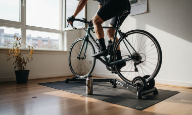 Ciclista realizando una sesión de entrenamiento en el rodillo, cómodamente desde casa.
