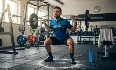 Ciclista trabajando la fuerza en el gimnasio con pesas