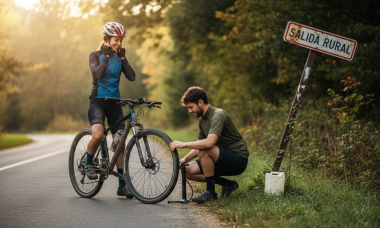 Ciclistas preparando sus bicicletas y ajustando su equipo desde temprano en la mañana.