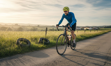 Un ciclista pedaleando por la carretera mientras amanece