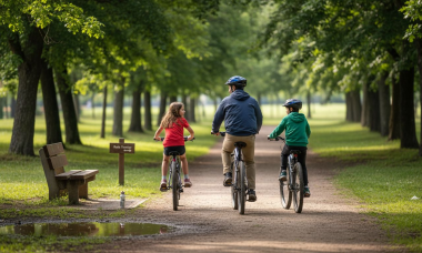Una familia disfruta de un paseo en bicicleta por un sendero rodeado de árboles en el parque.