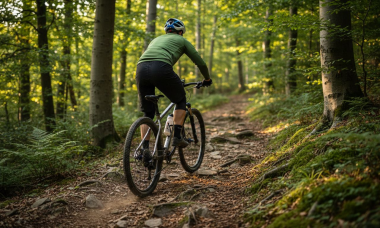 Ciclista recorriendo un sendero pedregoso entre los árboles de un bosque europeo
