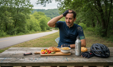 Un ciclista se dispone a preparar una comida saludable al aire libre, aprovechando el buen tiempo y el entorno natural para recargar energías de forma sana.