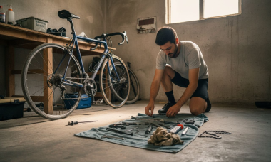 Un ciclista organiza sus herramientas junto a su bicicleta de carretera antes de salir a rodar.