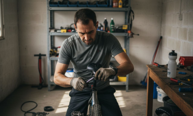 Ajustando el sillín de mi bicicleta de montaña en el taller de casa