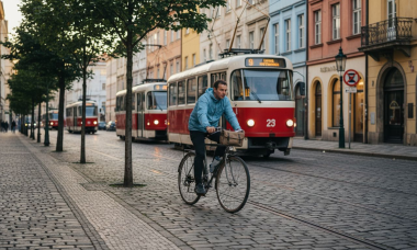 Un ciclista pedaleando por una calle típica de una ciudad europea.