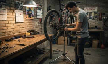 Un joven pone a punto la cadena de su bicicleta en el taller.