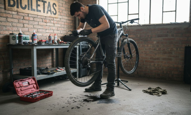 Poniendo a punto la bici en el garaje de casa