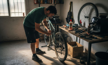 Una persona realiza el ajuste del piñón de su bicicleta en el taller de casa.
