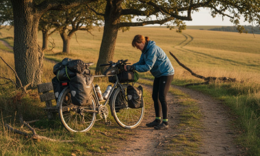 Ciclista colocando y asegurando el equipaje en su bici de viaje