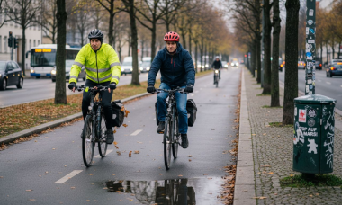 Personas en bicicleta pedaleando por un carril bici en una ciudad europea