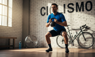 Ciclista realizando sentadillas al lado de su bicicleta como parte de su entrenamiento