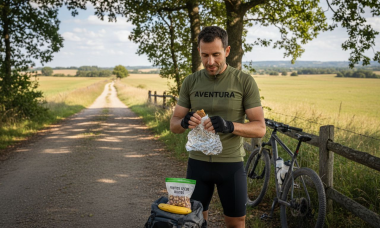 Ciclista tomando un descanso y disfrutando de snacks saludables al aire libre