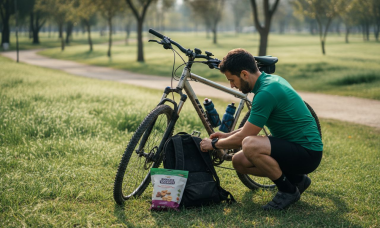 Ciclista vegano poniendo a punto su bici en pleno parque
