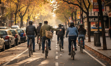 Personas que se desplazan en bicicleta por las calles de la ciudad a primera hora de la mañana.