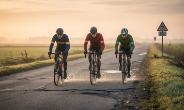 Un grupo de ciclistas pedaleando juntos por la carretera mientras amanece.