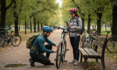 Un grupo de ciclistas se alista para salir en un parque típico de una ciudad europea.