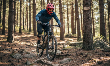 Un ciclista de montaña recorre un sendero pedregoso entre los árboles del bosque.