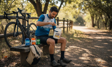 Un ciclista se prepara sus suplementos junto a la bici antes de salir a rodar.