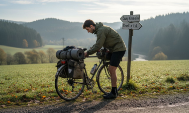 Un ciclista prepara su equipo de bikepacking en plena naturaleza, listo para una nueva aventura.