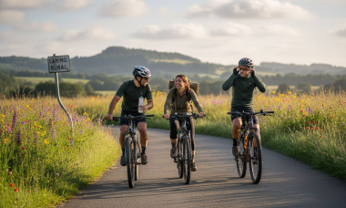 Un grupo de ciclistas pedaleando juntos por una carretera rural rodeada de paisajes espectaculares.