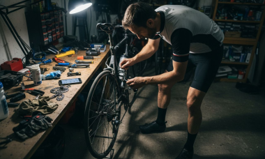 Ciclista poniendo a punto el cambio de su bici en casa