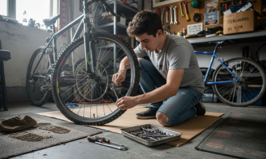 Ciclista poniendo a punto la rueda de su bici en el garaje