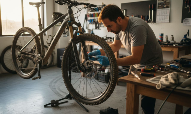 Un mecánico inspecciona el sistema de frenos hidráulicos de una bicicleta para asegurarse de que funcionen correctamente.