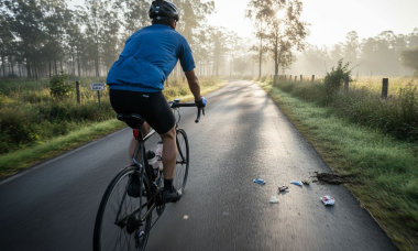 Un ciclista pedaleando por una carretera rural mientras amanece