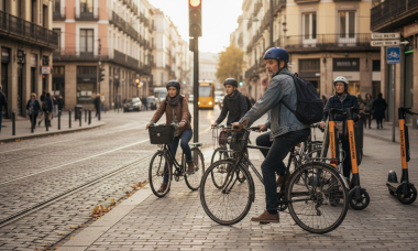 Ciclistas recorriendo las vías urbanas en las modernas rutas europeas para bicicletas
