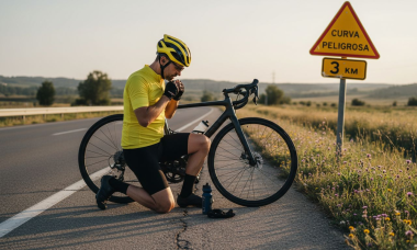 Un ciclista revisa su bicicleta y el equipo al borde de la carretera.