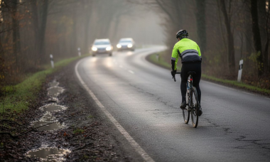Un ciclista circula por la carretera atento al tráfico que viene por detrás.