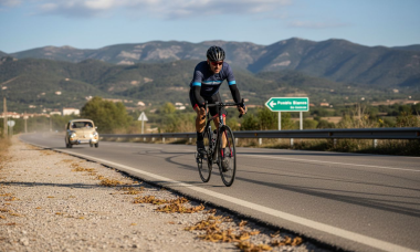 Ciclista circulando con casco por un carril bici seguro en España