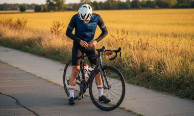 Ciclista acomodándose la equipación técnica al borde de la carretera