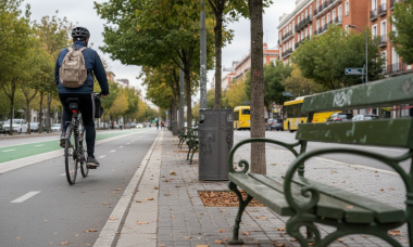 Un ciclista recorre la ciudad pedaleando por el carril bici.